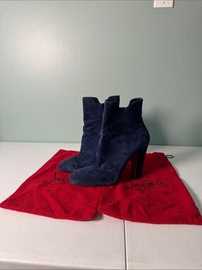Christian Louboutin Navy Suede High-Block Heel Ankle Booties